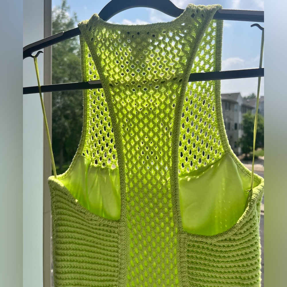 🆕Rachel Zoe Neon Lime Crochet Knit Maxi Dress Size S Boho Resort Beach Cover-Up - Picture 12 of 15
